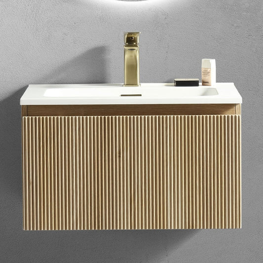 Oak finish vanity with white basin and mirror