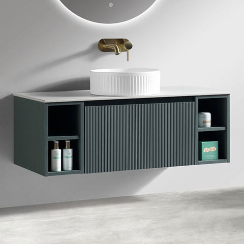 Astini Flauto 1000mm Smoked Sage Wall Hung 2 Side Storage Vanity Unit With Counter Top