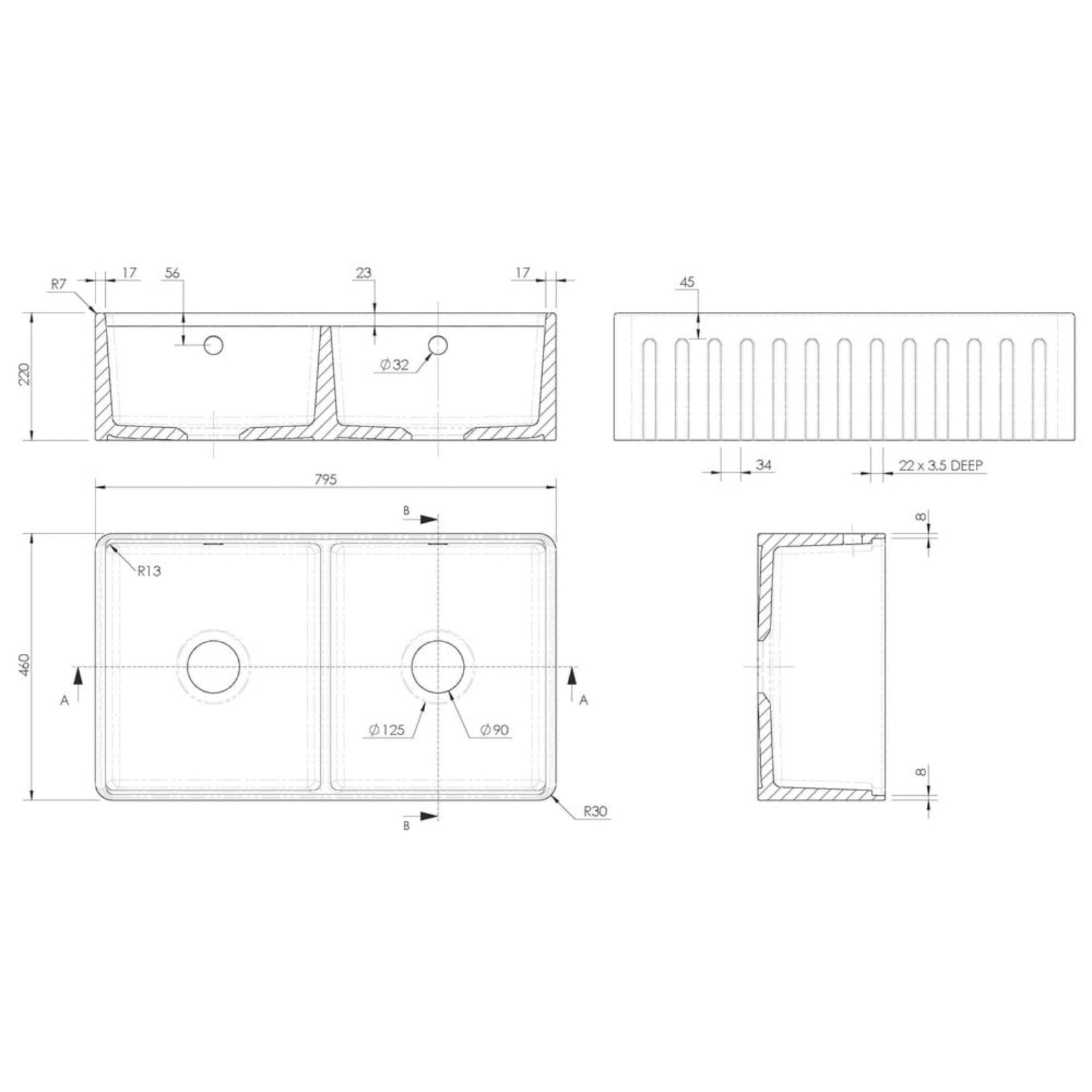 LSC Butler Fluted 2.0 Bowl White Kitchen Sink with Ledge and Waste Assembly