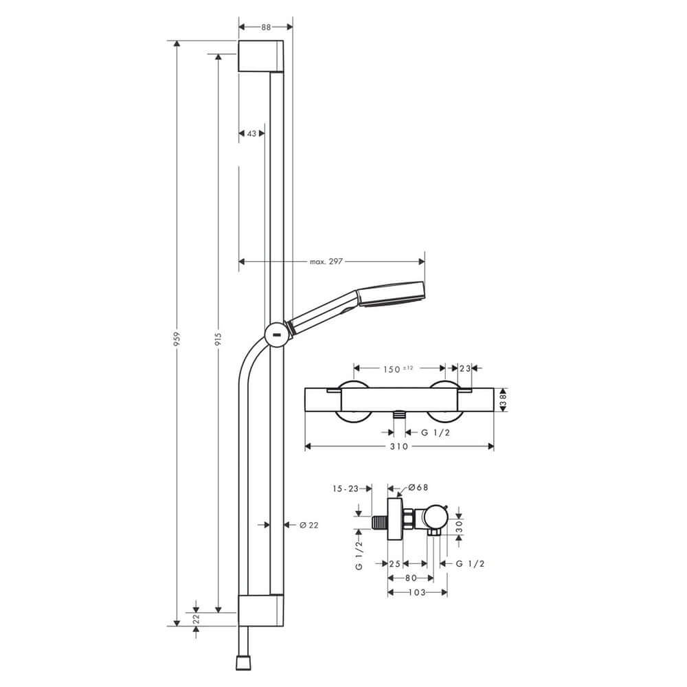 Hansgrohe Pulsify Select S Chrome Shower System 105 3 Jet Relaxation Ecosmart With Ecostat Fine and Shower Bar 90cm 24261000