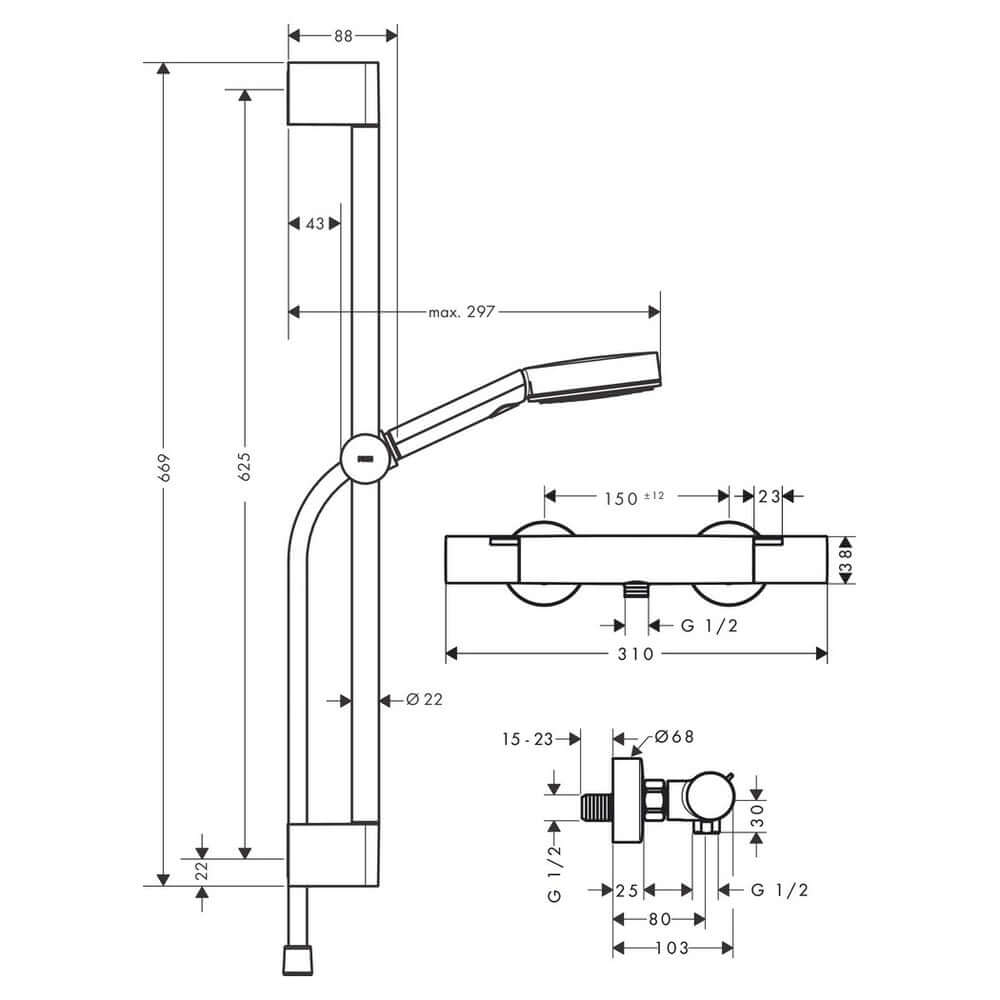 Hansgrohe Pulsify Select S Chrome Shower System 105 3 Jet Relaxation Ecosmart With Ecostat Fine and Shower Bar 65cm 24262000