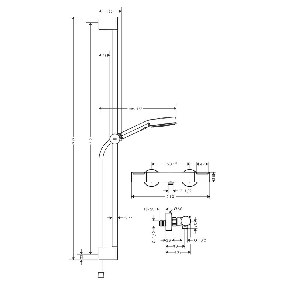 Hansgrohe Pulsify Select S Chrome Shower System 105 3 Jet Relaxation Ecosmart With Ecostat Element and Shower Bar 90cm 24271000