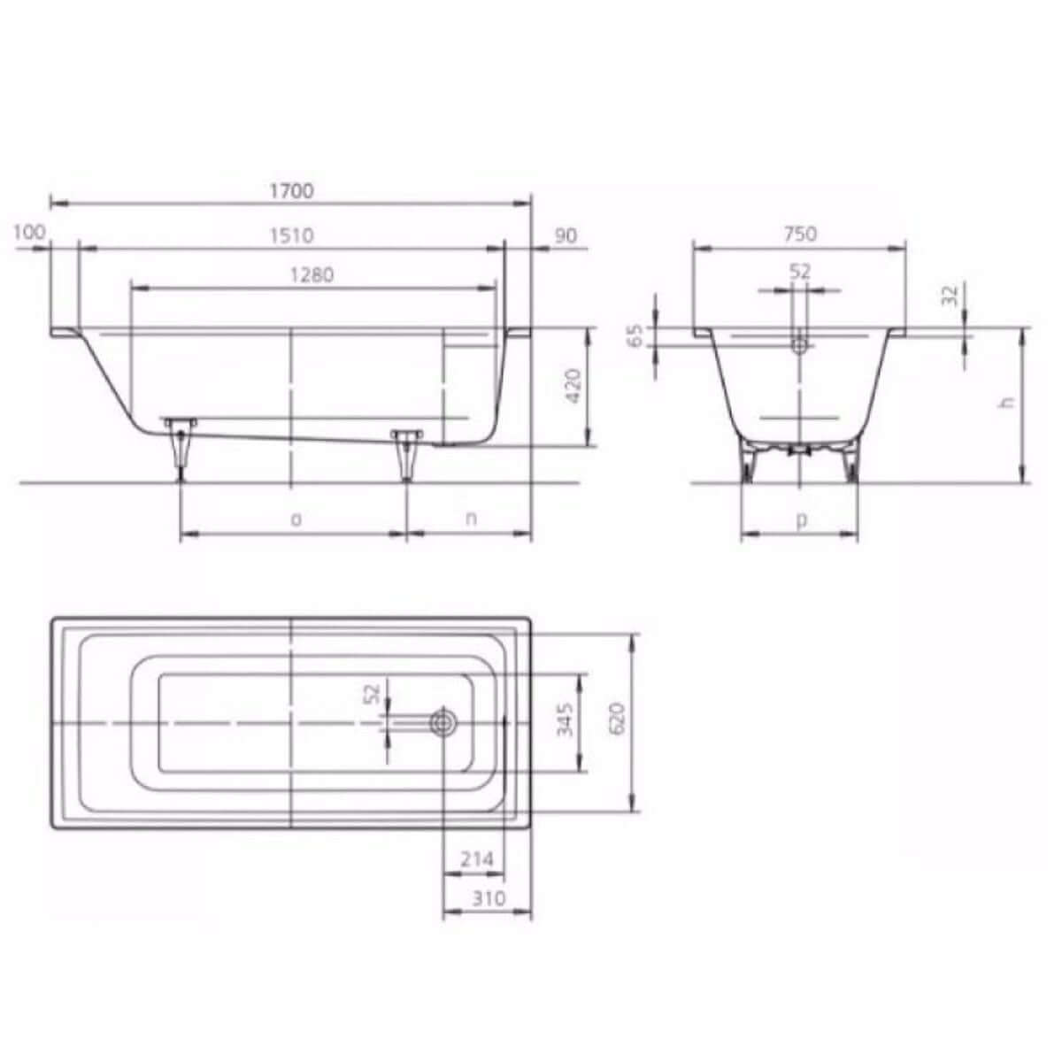 Kaldewei Puro 1700 x 750mm White 0 Tap Hole Bath