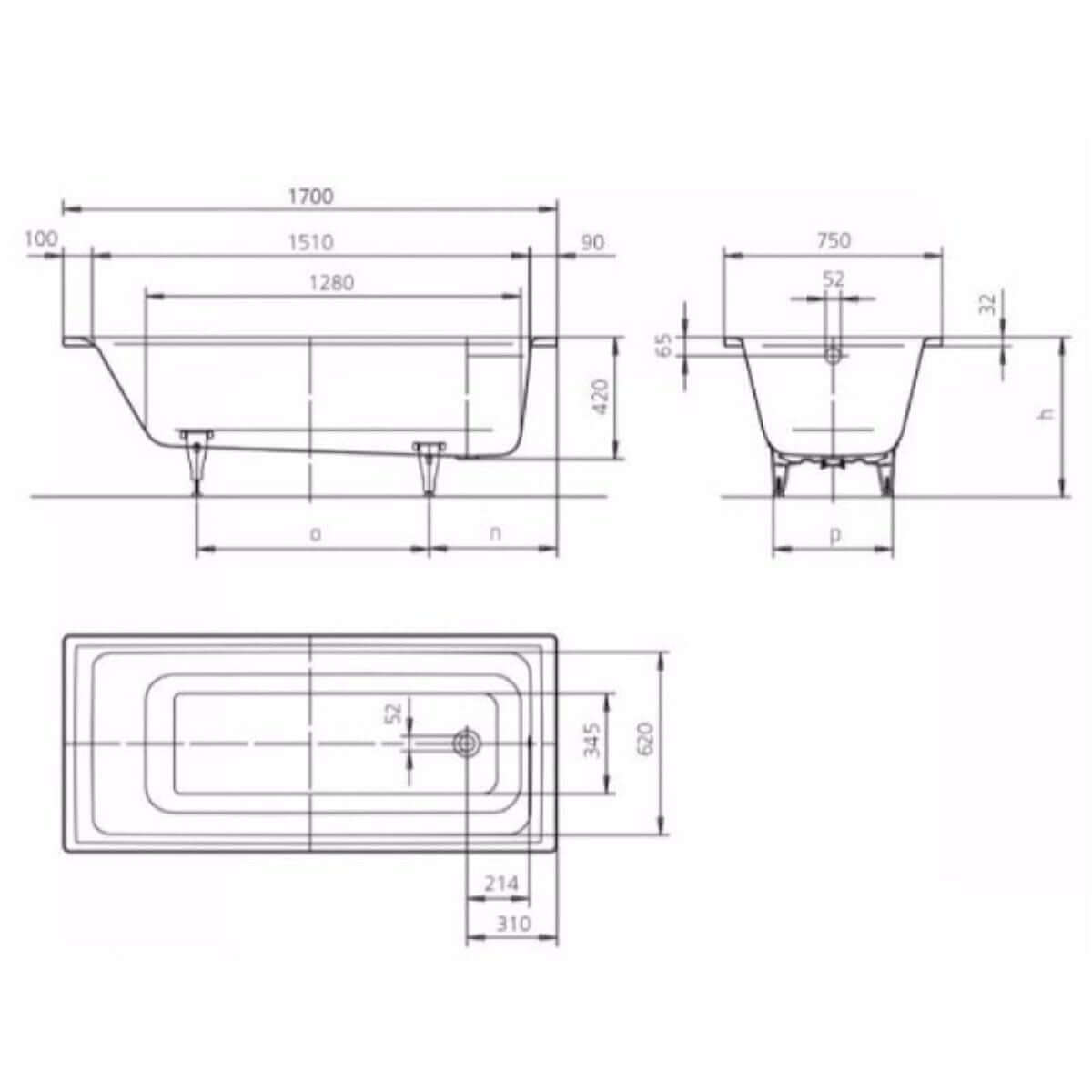 Kaldewei Puro 1700 x 750mm White 2 Tap Holes Bath