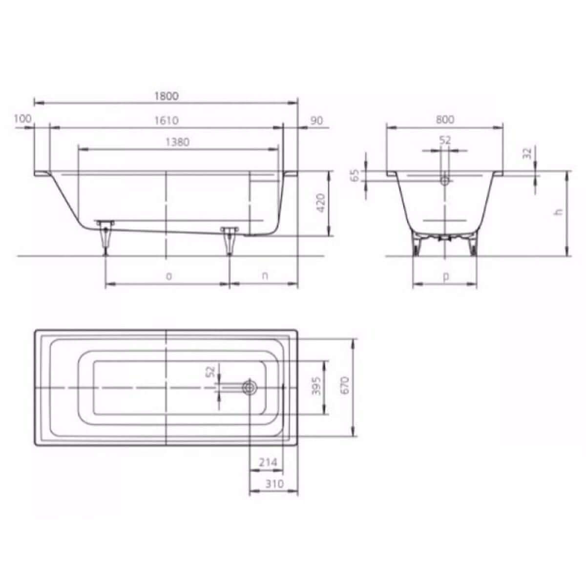 Kaldewei Puro 1800 x 800mm White 2 Tap Holes Bath