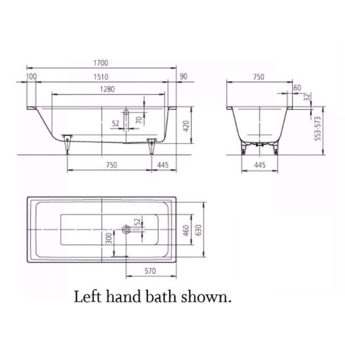 Kaldewei Puro 1700 x 750mm White 0 Tap Hole Bath with Right Hand Side Overflow