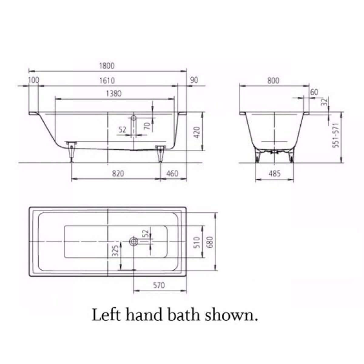 Kaldewei Puro 1800 x 800mm White 0 Tap Hole Bath with Right Hand Side Overflow