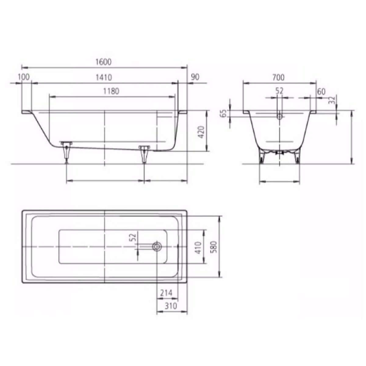 Kaldewei Puro 1600 x 700mm White 0 Tap Hole Bath