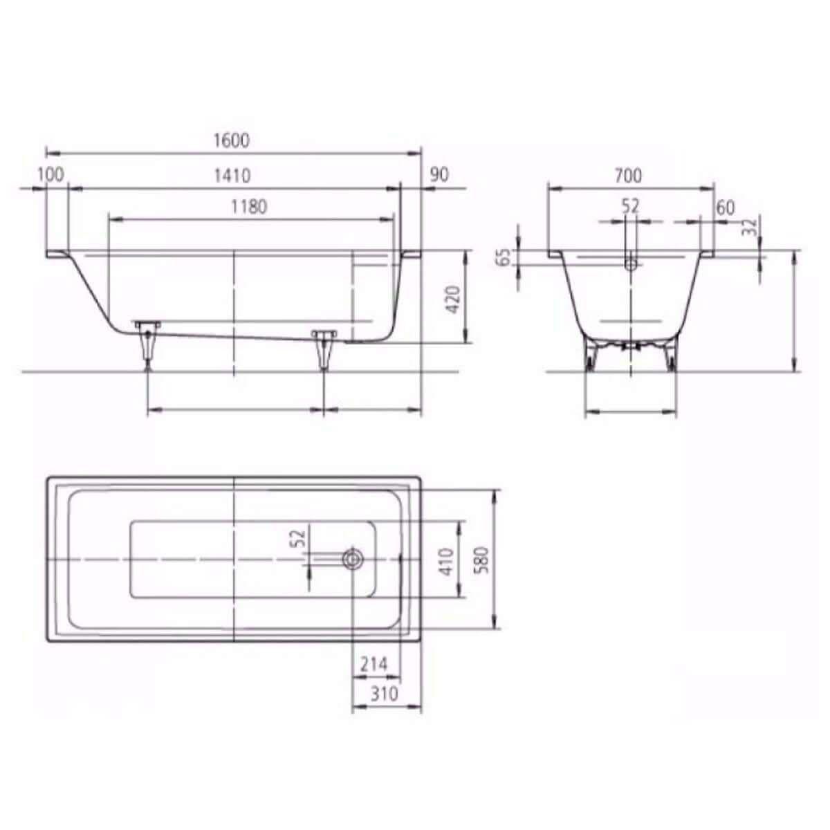 Kaldewei Puro 1600 x 700mm White 2 Tap Holes Bath
