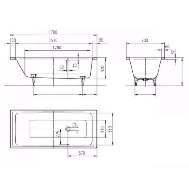 Kaldewei Puro Side Overflow 1700 x 700mm White 0 Tap Hole Bath with Right Hand Side Overflow