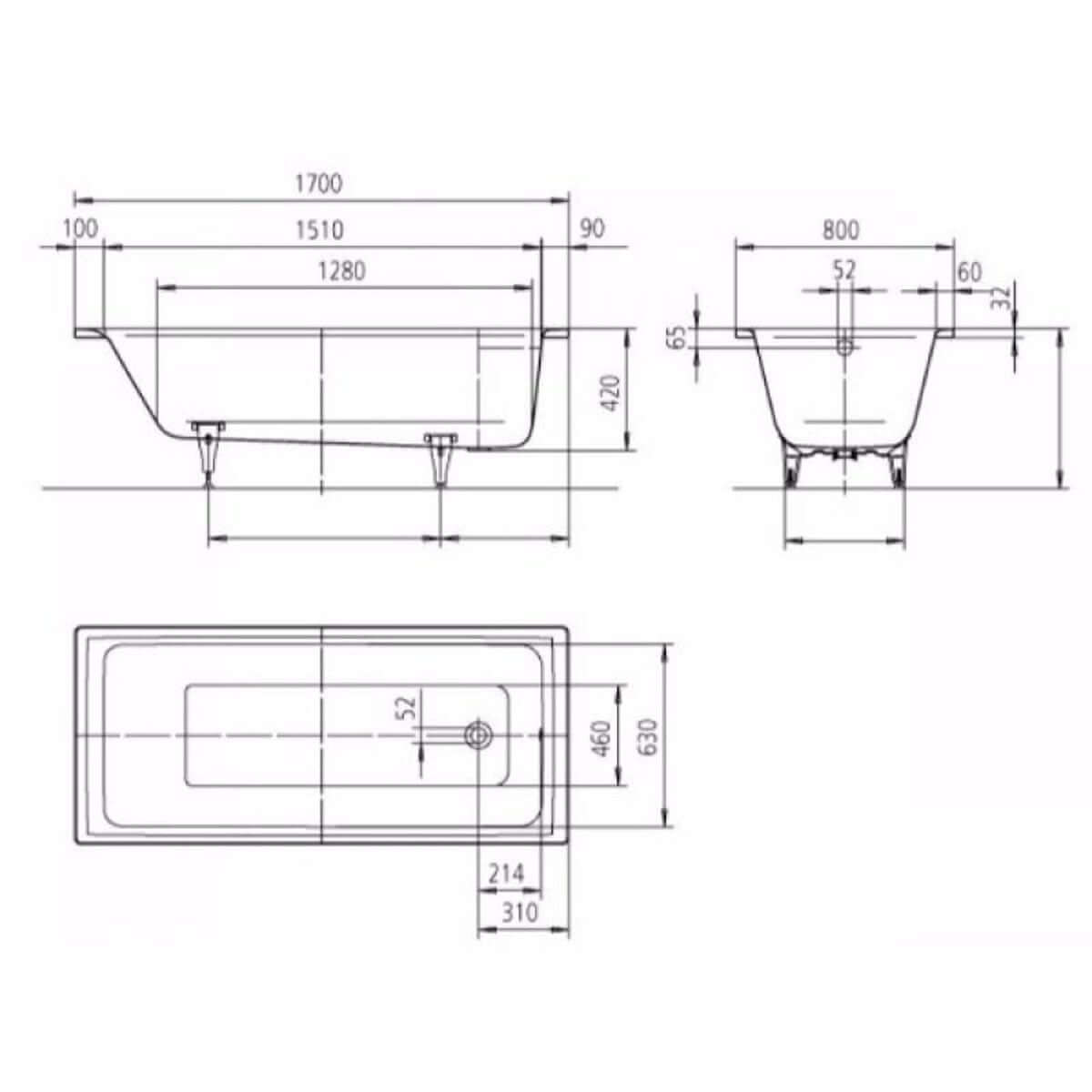 Kaldewei Puro 1700 x 800mm White 2 Tap Holes Bath