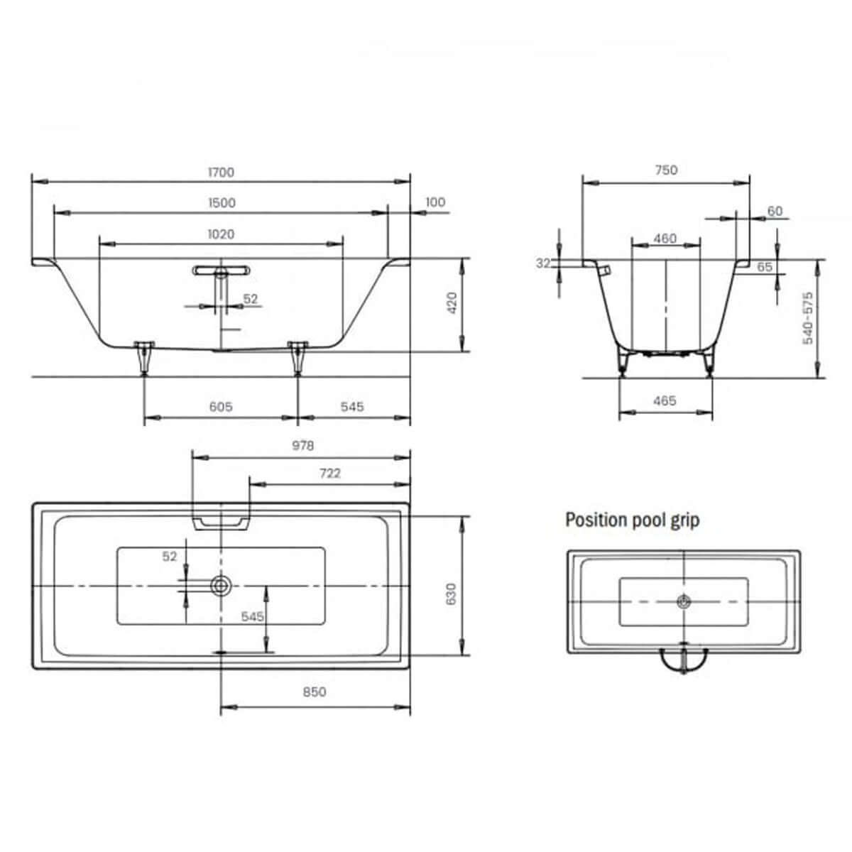Kaldewei Puro Duo 1700 x 750mm White 0 Tap Hole Bath