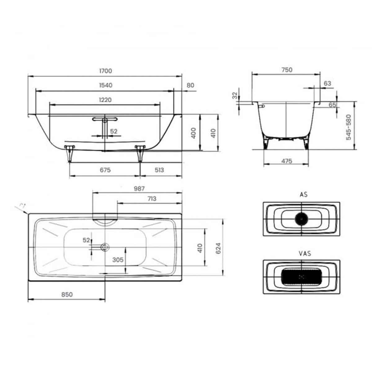 Kaldewei Cayono Duo 1700 x 750mm White 0 Tap Hole Bath