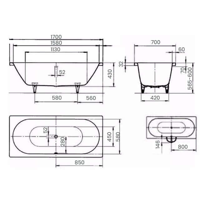 Kaldewei Classic Duo 1700 x 700mm White 0 Tap Hole Bath