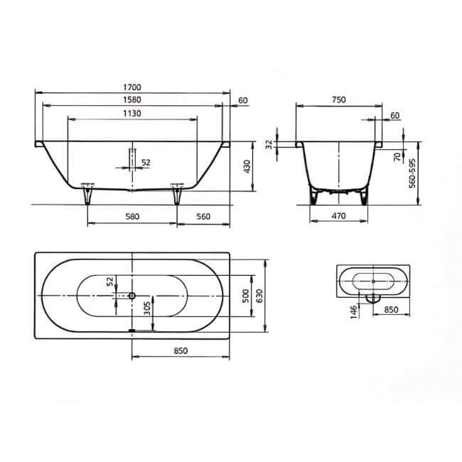 Kaldewei Classic Duo 1700 x 750mm White 0 Tap Hole Bath