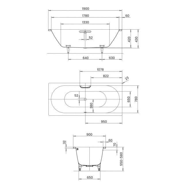 Kaldewei Classic Duo 1900 x 900mm White 0 Tap Hole Bath