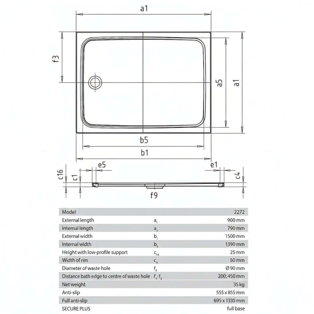 Kaldewei Cayonoplan Rectangular White Shower Tray 1500 x 900mm