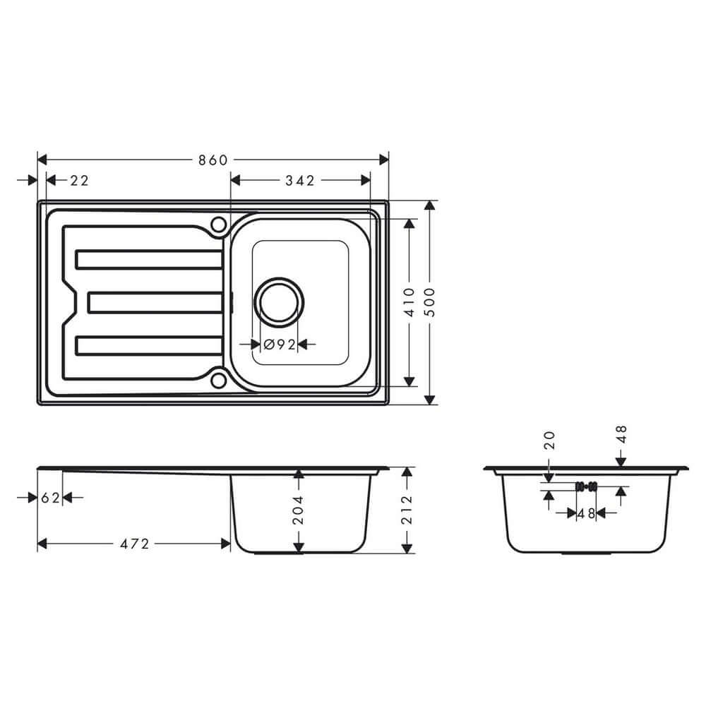 Hansgrohe S440-A342 86 1.0 Bowl Stainless Steel Kitchen Sink With Drainer 43365800