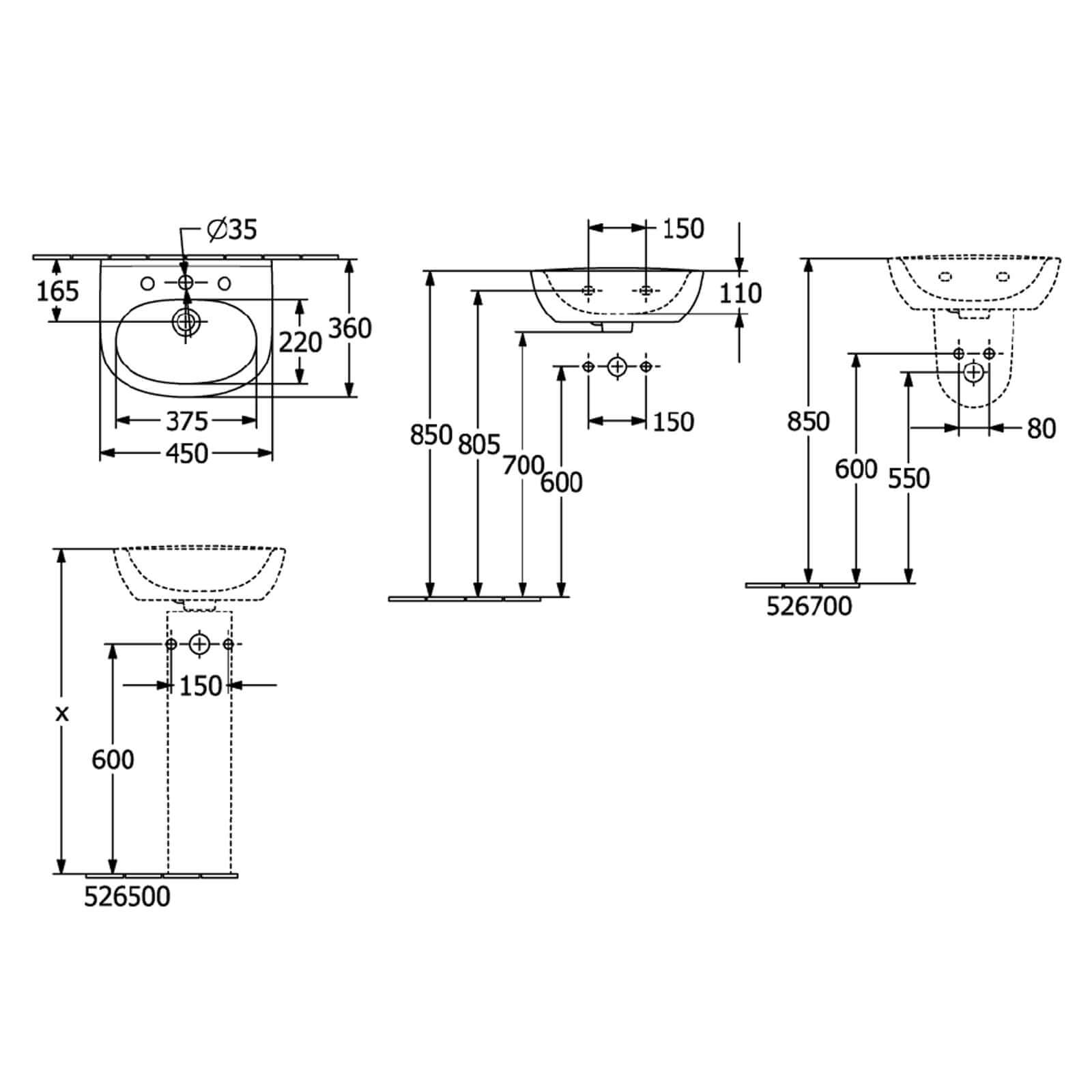 Villeroy & Boch O.novo 450x360 White Alpin 1TH Lite Wall Hung Handwash Basin with Overflow