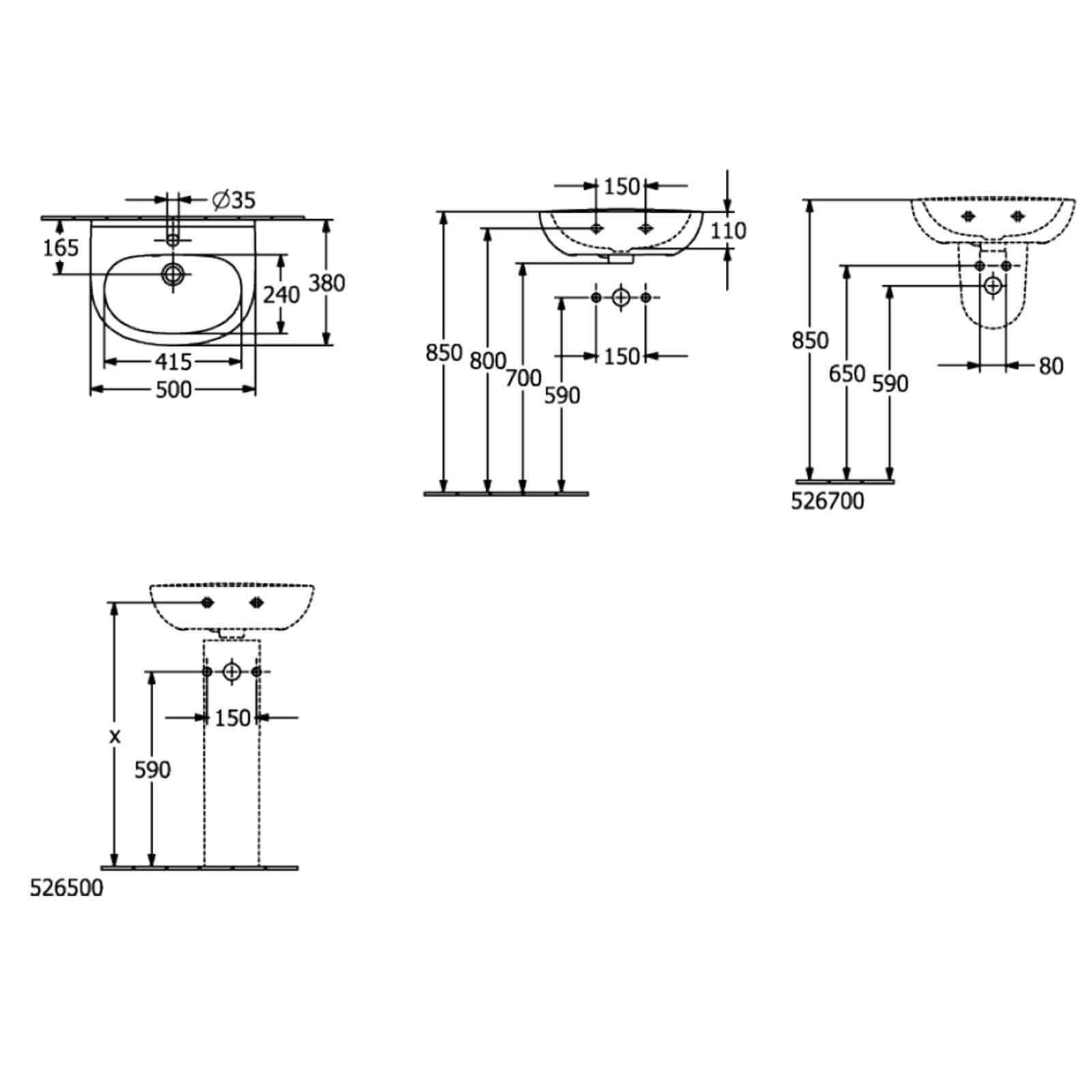 Villeroy & Boch O.novo 500x380 White Alpin 1TH Lite Wall Hung Handwash Basin with Overflow