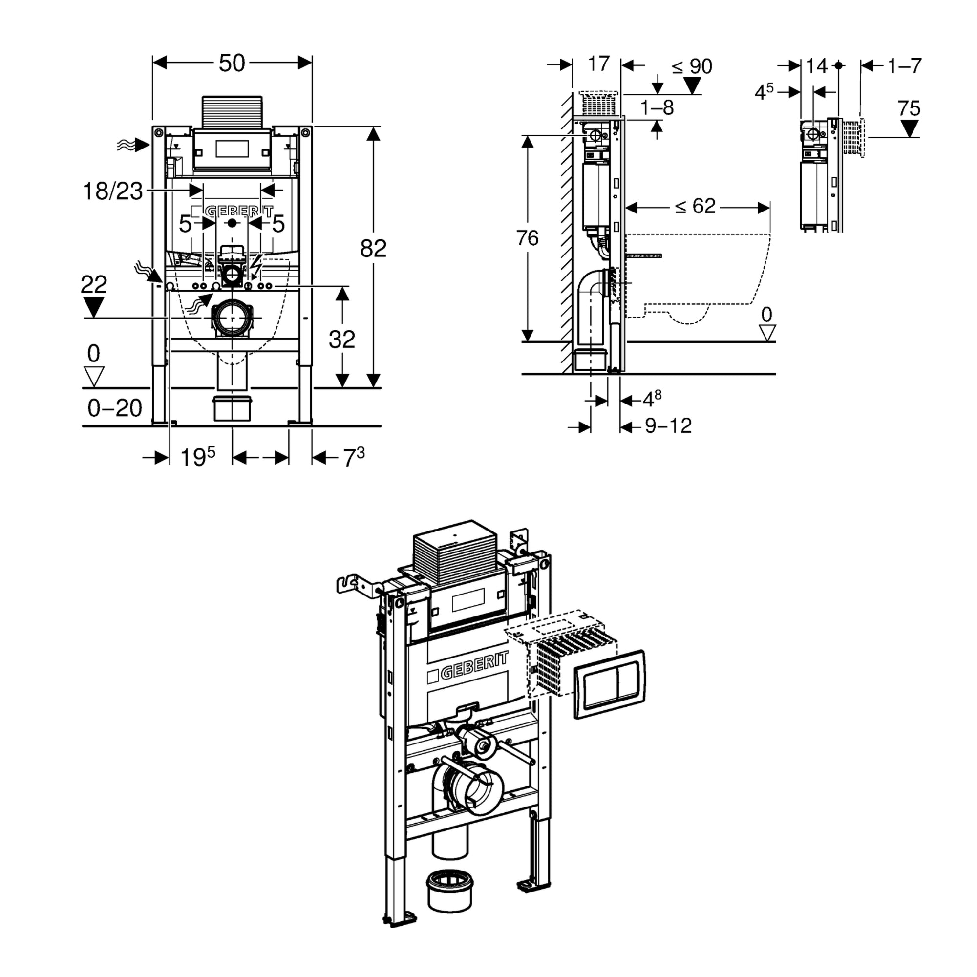 Geberit Alpha 82cm H Frame & Cistern, plus Alpha01 Square Flush Plate