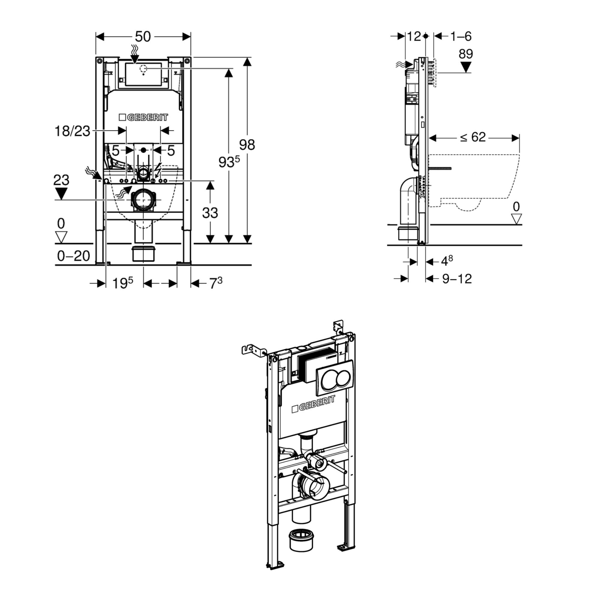 Geberit Alpha 98cm H Frame & Cistern, plus Alpha01 Round Flush Plate