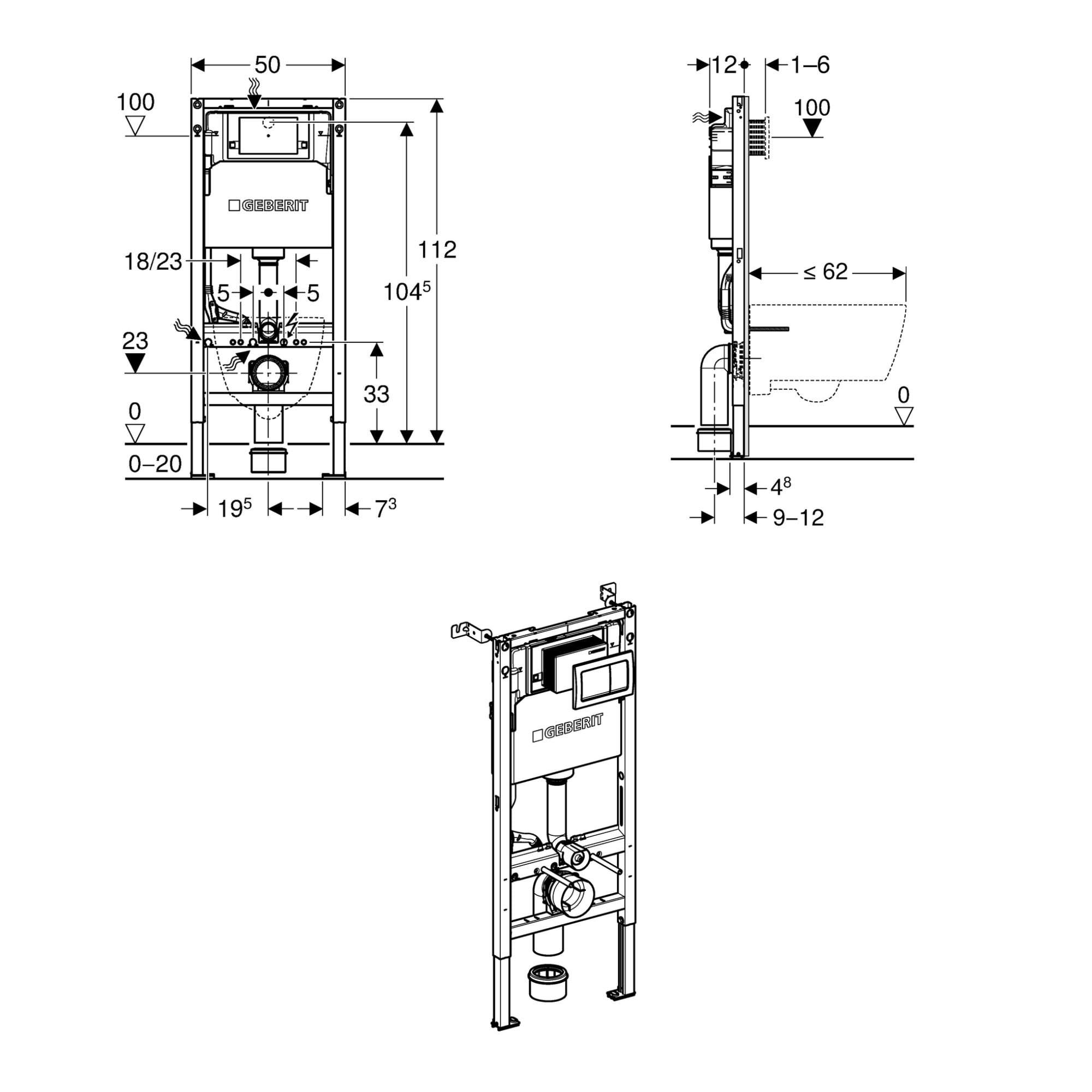 Geberit Alpha 112cm H Frame & Cistern, plus Alpha01 Square Flush Plate