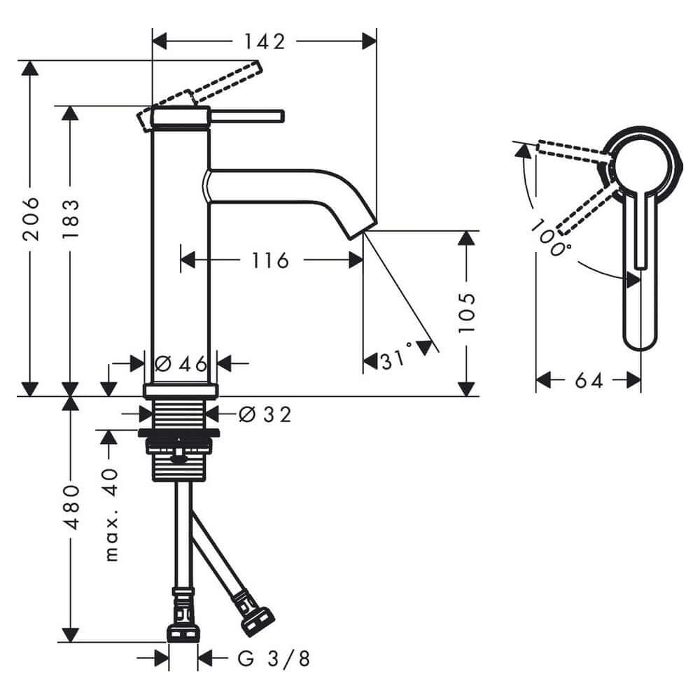 Hansgrohe Tecturis S Chrome Single Lever Basin Mixer Tap 110 Coolstart Ecosmart+ Without Waste Set 73312000