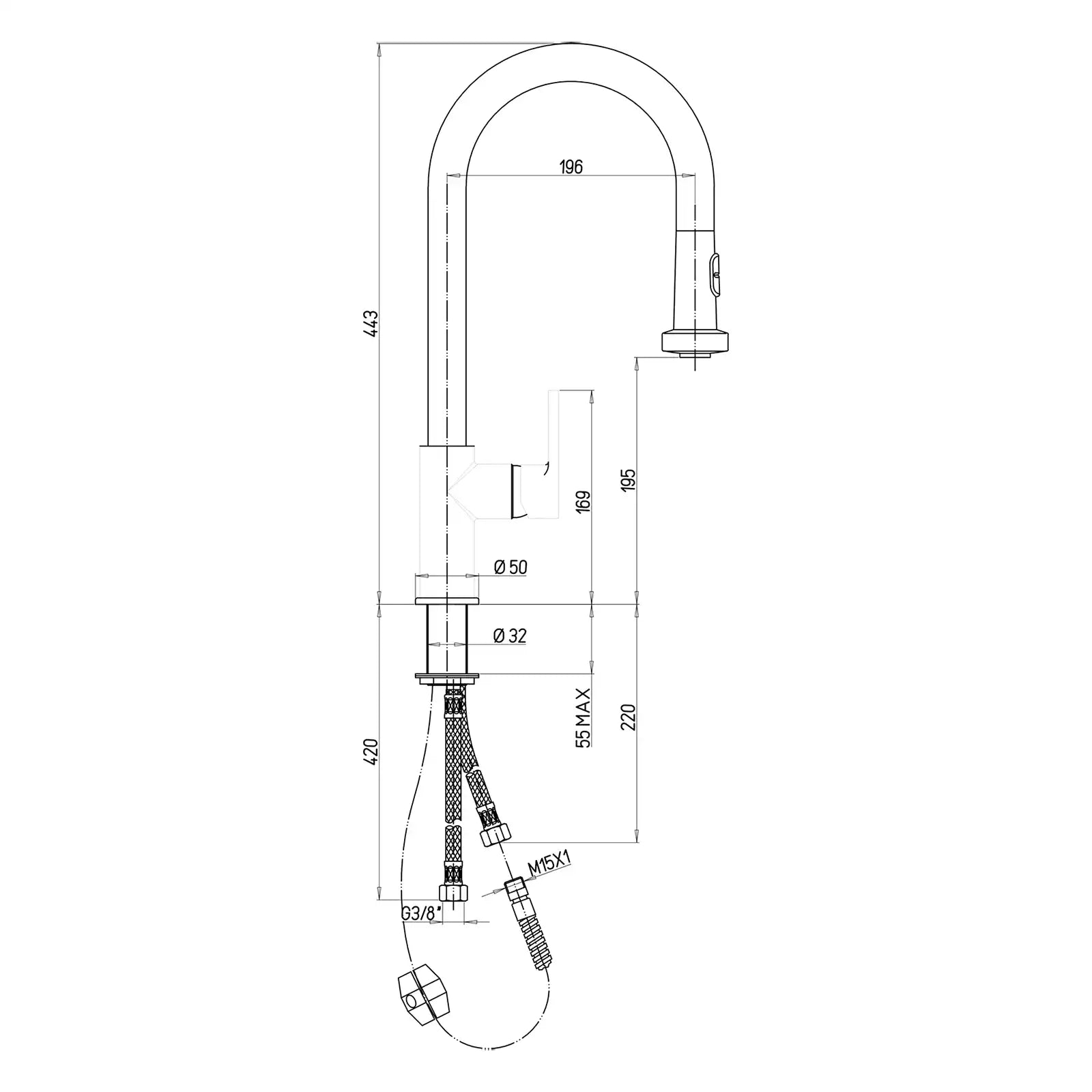 Paini Arena Brushed Finish Pull Out Kitchen Spray Tap 92PW591LL