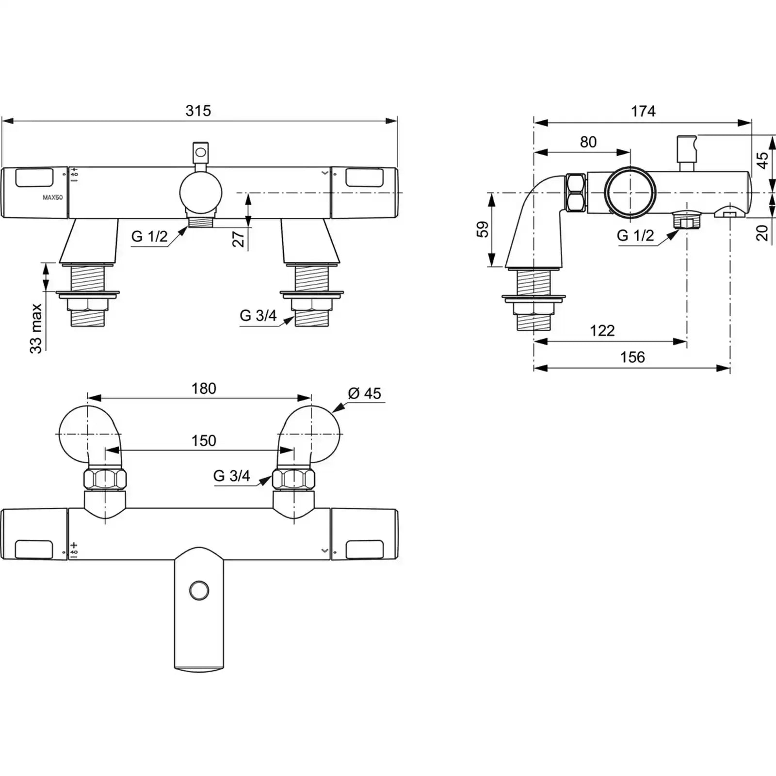 Ideal Standard Ceratherm T25N Chrome Exposed Thermostatic Rim Mounted Bath & Shower Mixer 315x203.5x101 mm, 156 mm spout projection 20 l/min A8476AA