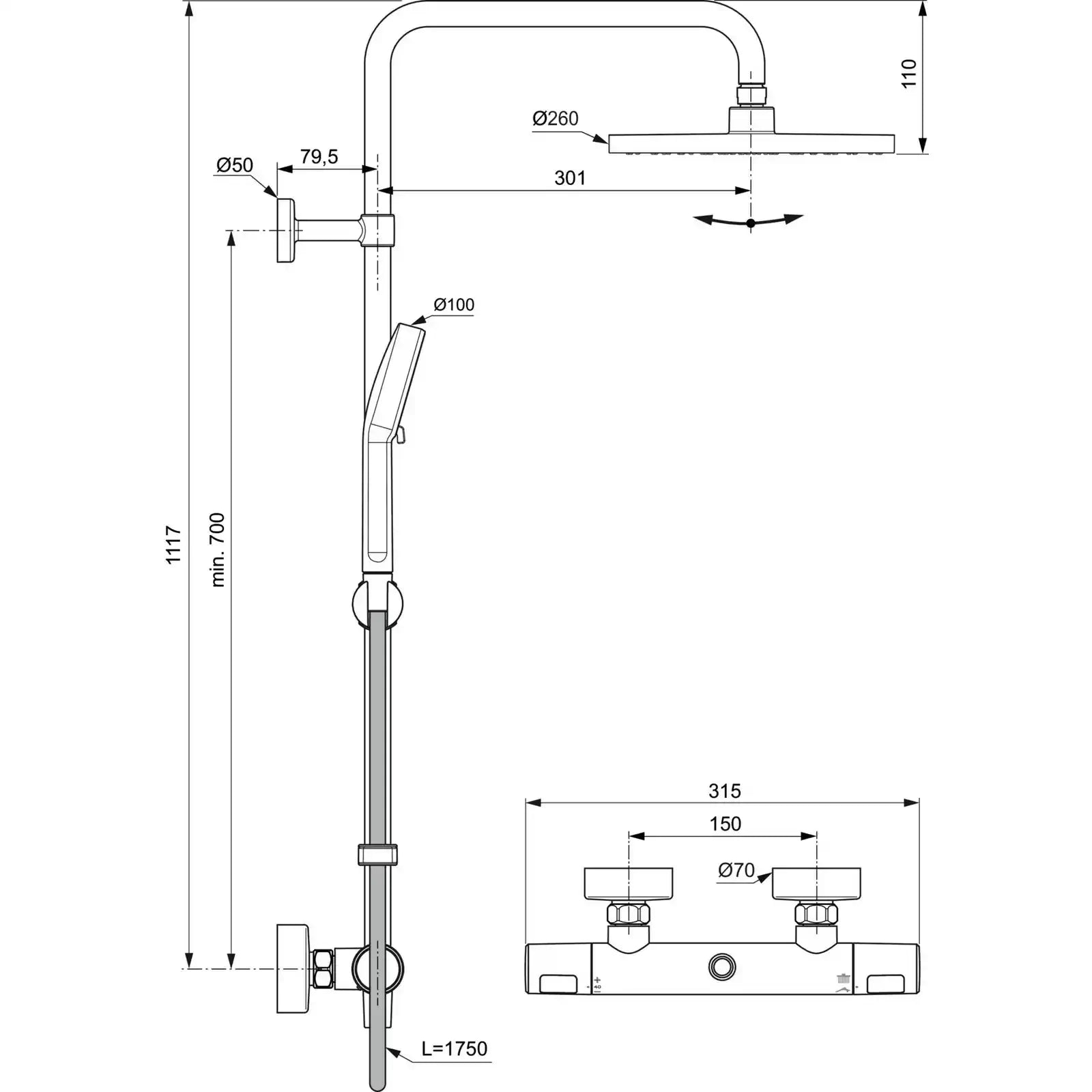 Ideal Standard Ceratherm T25N Chrome Exposed Thermostatic Shower System, 260mm Fixed Round Shower Head, 100mm 2 Function Handspray. 1.75m Hose A8494AA