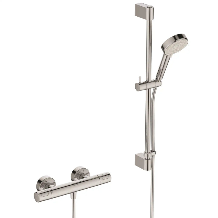 Ideal Standard Ceratherm T25N Chrome Exposed Thermostatic Shower Mixer Pack, 600mm Rail with Round 2 Function Handspray & 1750mm Shower Hose A8517AA
