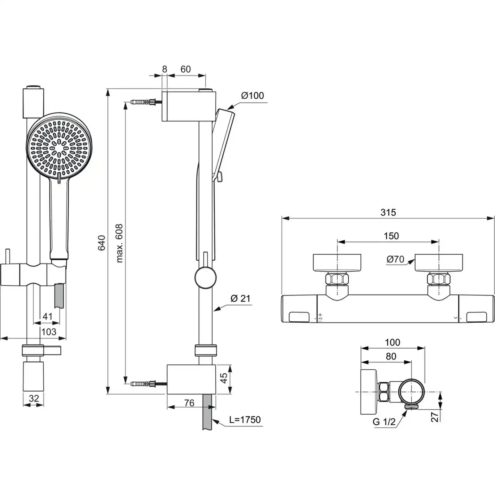 Ideal Standard Ceratherm T25N Chrome Exposed Thermostatic Shower Mixer Pack, 600mm Rail with Round 2 Function Handspray & 1750mm Shower Hose A8517AA