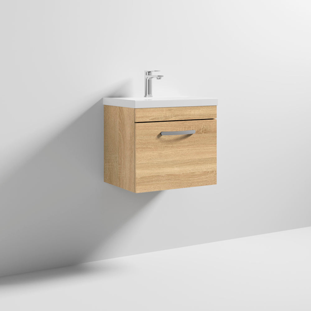 Nuie Athena Natural Oak Wall Hung 500mm Cabinet & Mid-Edge Basin