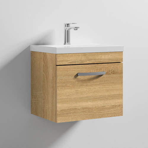 Nuie Athena Natural Oak Wall Hung 500mm Cabinet & Mid-Edge Basin