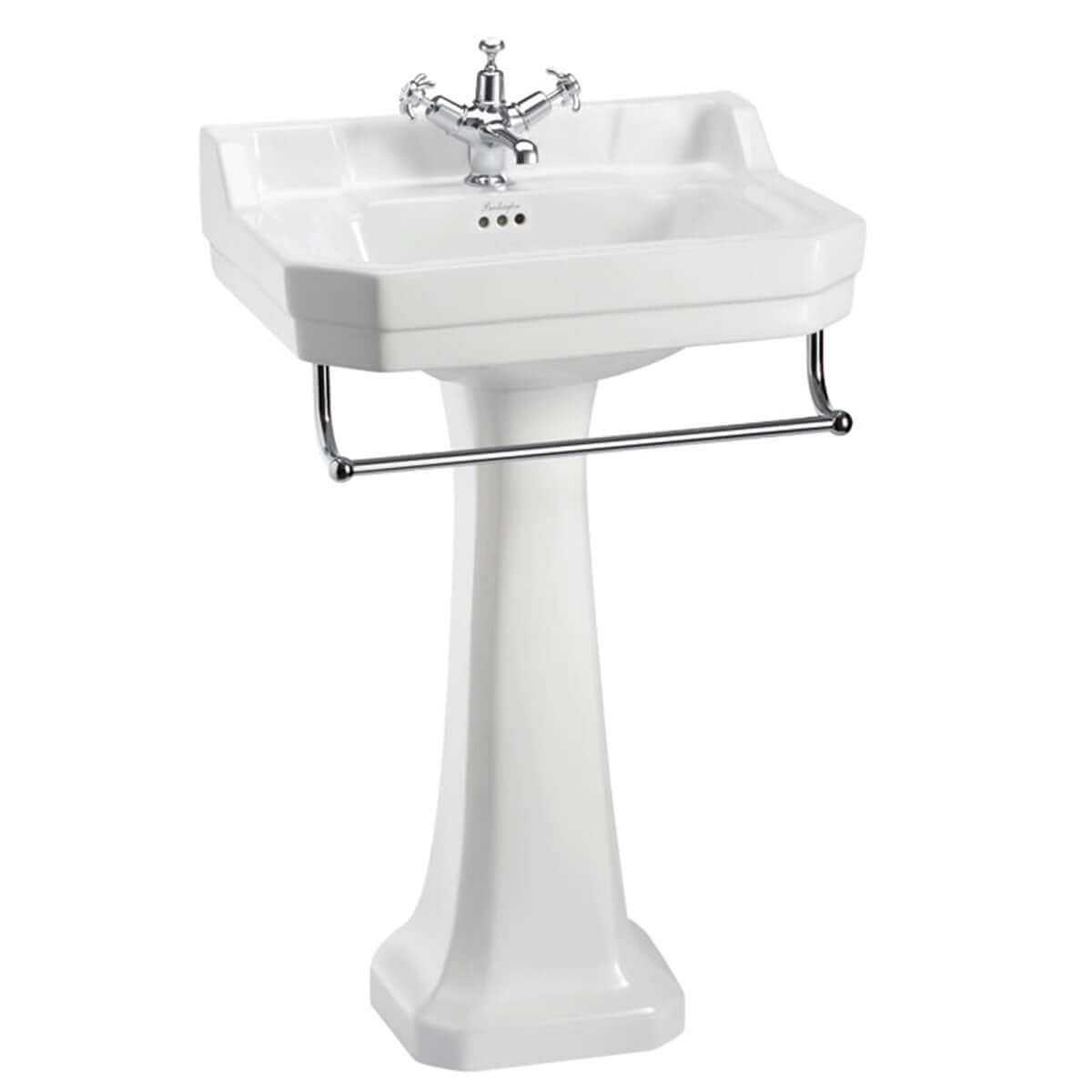 Burlington Edwardian White 560mm Basin with Standard Pedestal & Chrome Towel Rail