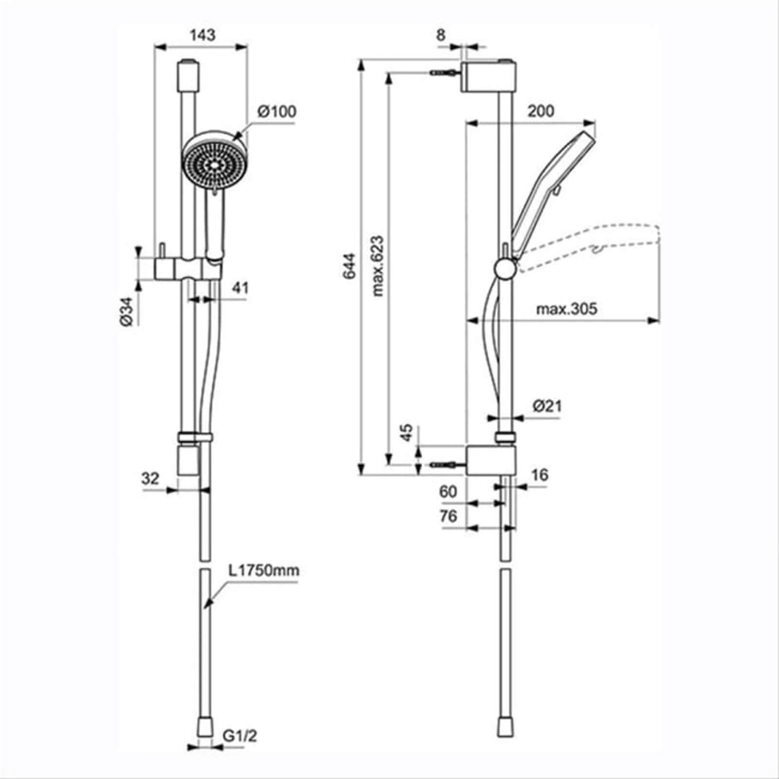 Ideal Standard Idealrain Chrome 600mm Shower Slide Rail Kit with Two Function Handset