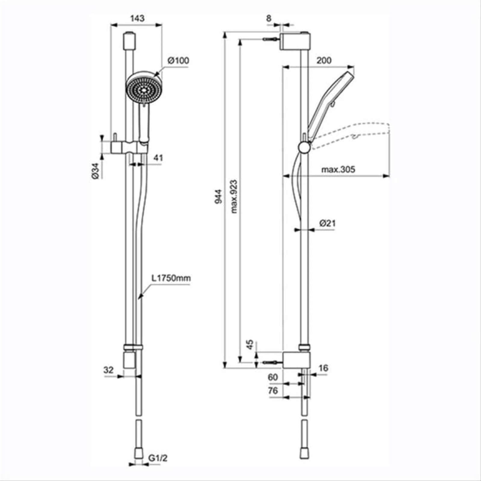 Ideal Standard Idealrain Chrome 900mm Shower Slide Rail Kit with Two Function Handset