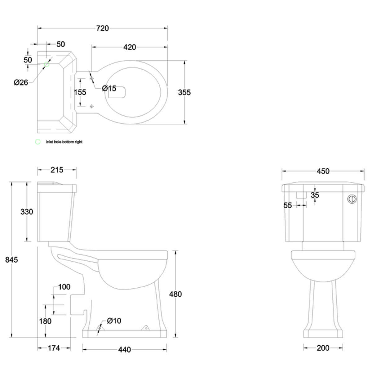 Burlington Regal White Close Coupled WC Toilet Pan with Front Push Button Cistern