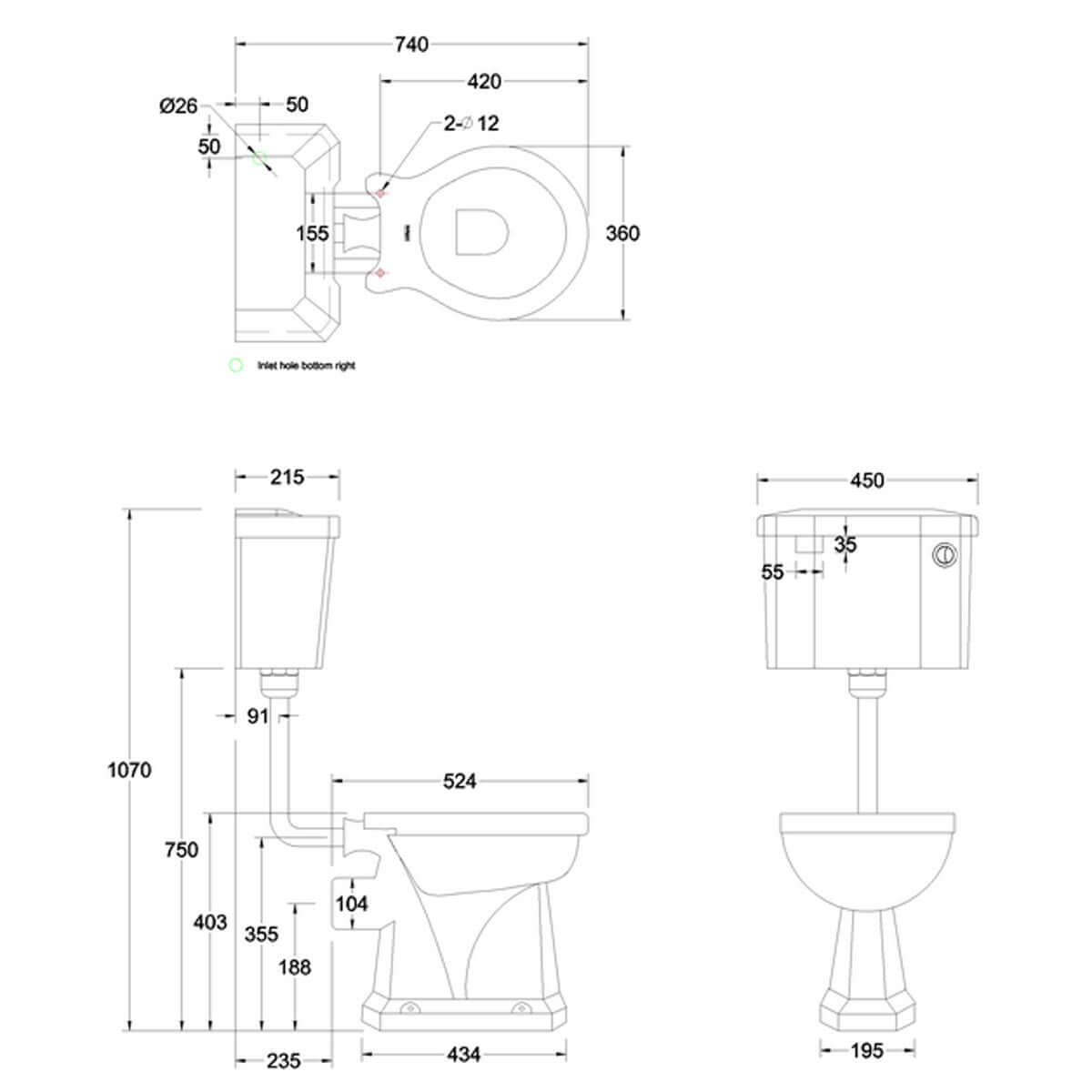 Burlington Standard White Low Level WC Toilet Pan with 440 Front Push Button Cistern