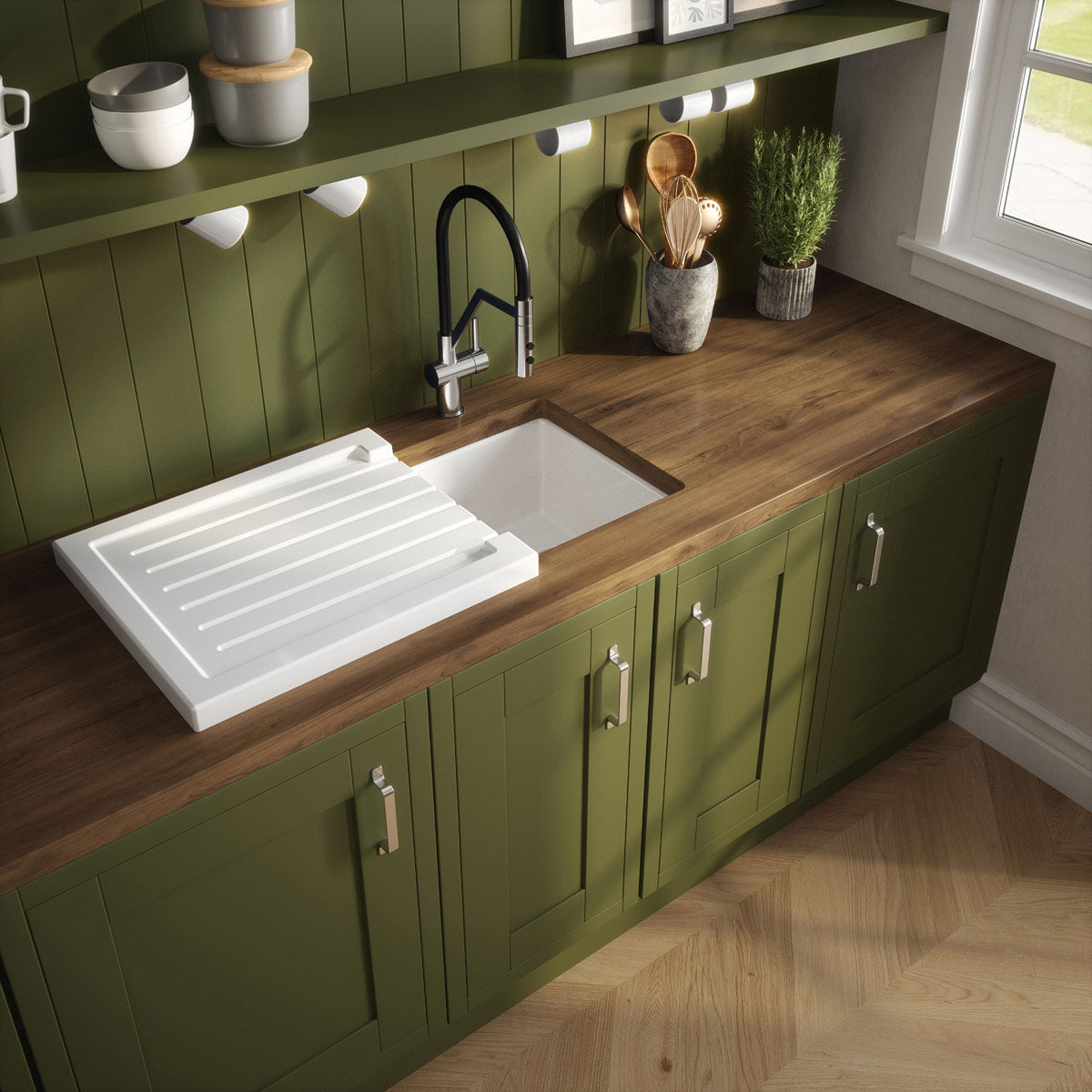 Reginox Grooved Ceramic White Belfast Kitchen Sink Drainer