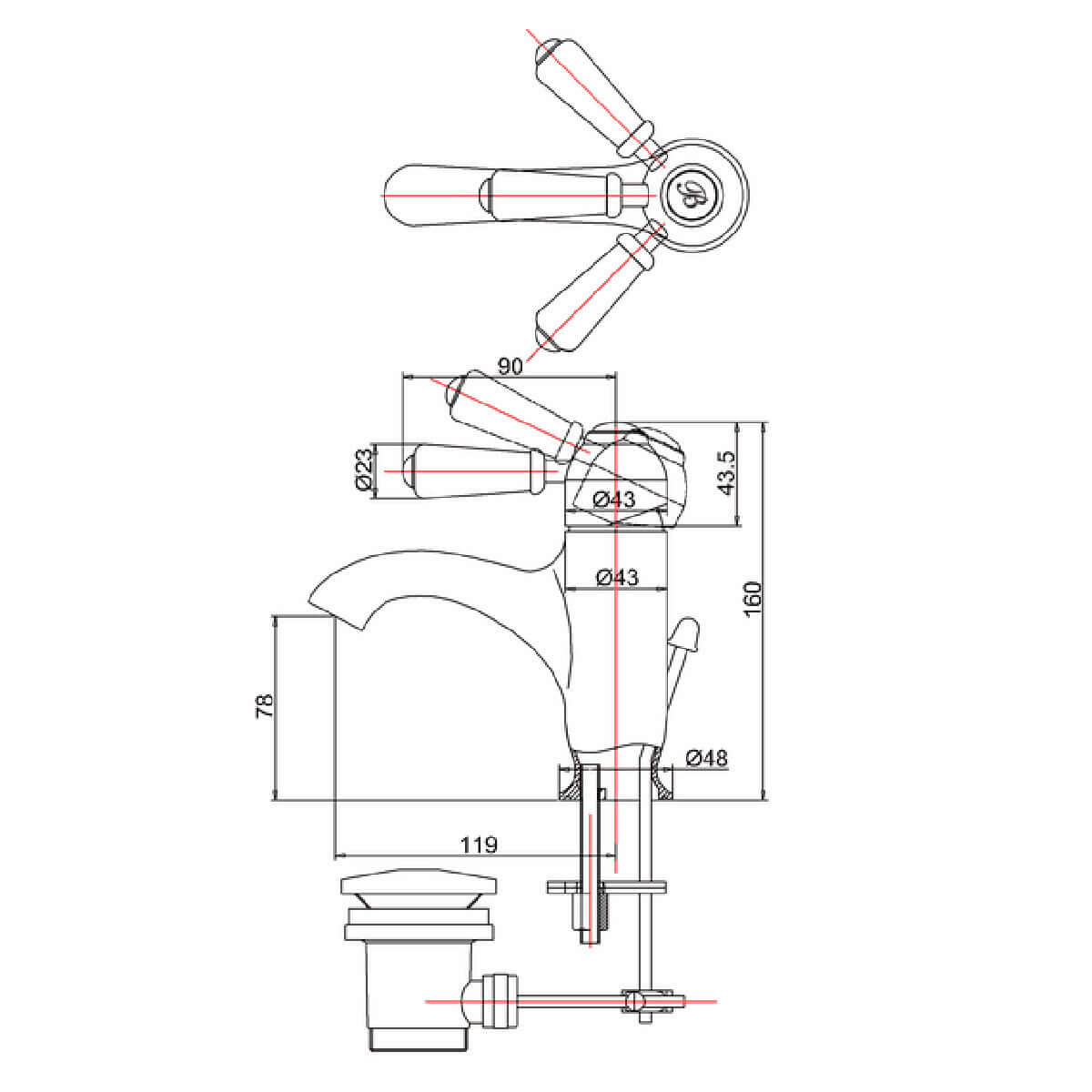 Burlington Chelsea Chrome Curved Basin Mixer Tap with Pop-up Waste