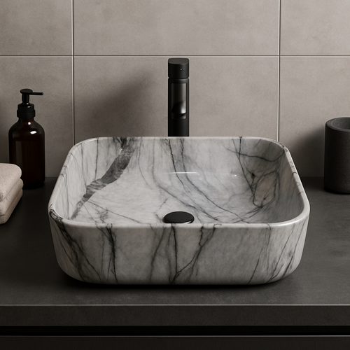 Marble Luxe Square Calacatta Marble Effect Ceramic Counter Top Basin
