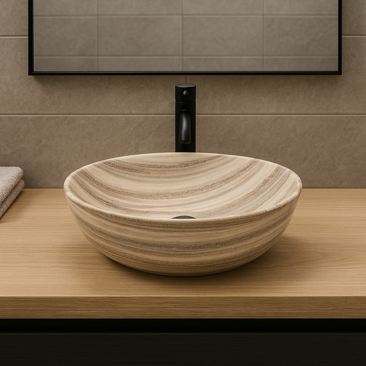 Marble Luxe Round Brown and Grey Striped Marble Effect Ceramic Counter Top Basin