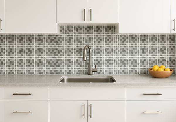 Modern kitchen with white cabinets, stainless steel sink, and mosaic tile backsplash.
