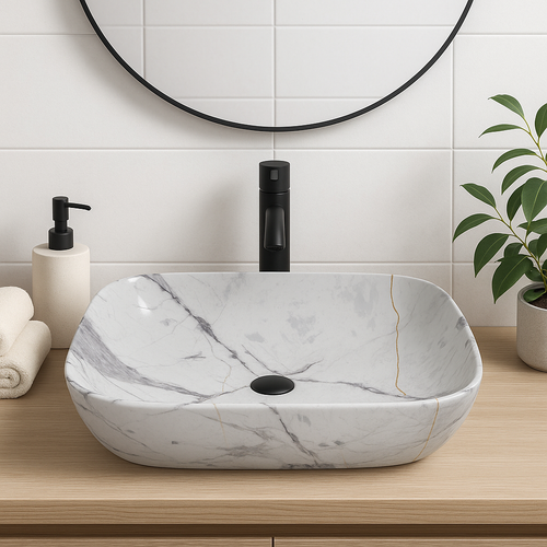 Marble Luxe White Calacatta Marble Effect Ceramic Counter Top Basin