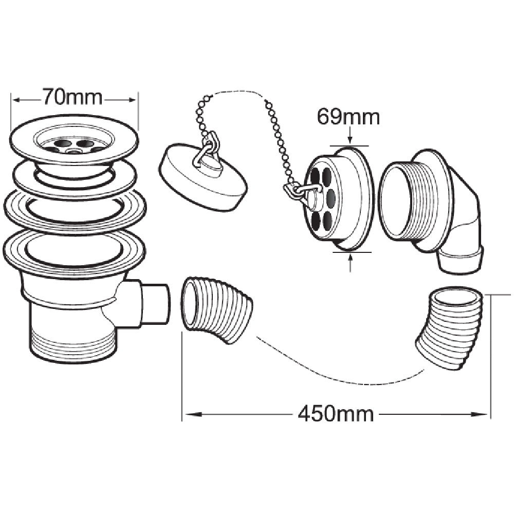 Deva 1.5'' Plastic Body Bath Poly Plug Waste With Chain & Overflow FOV414