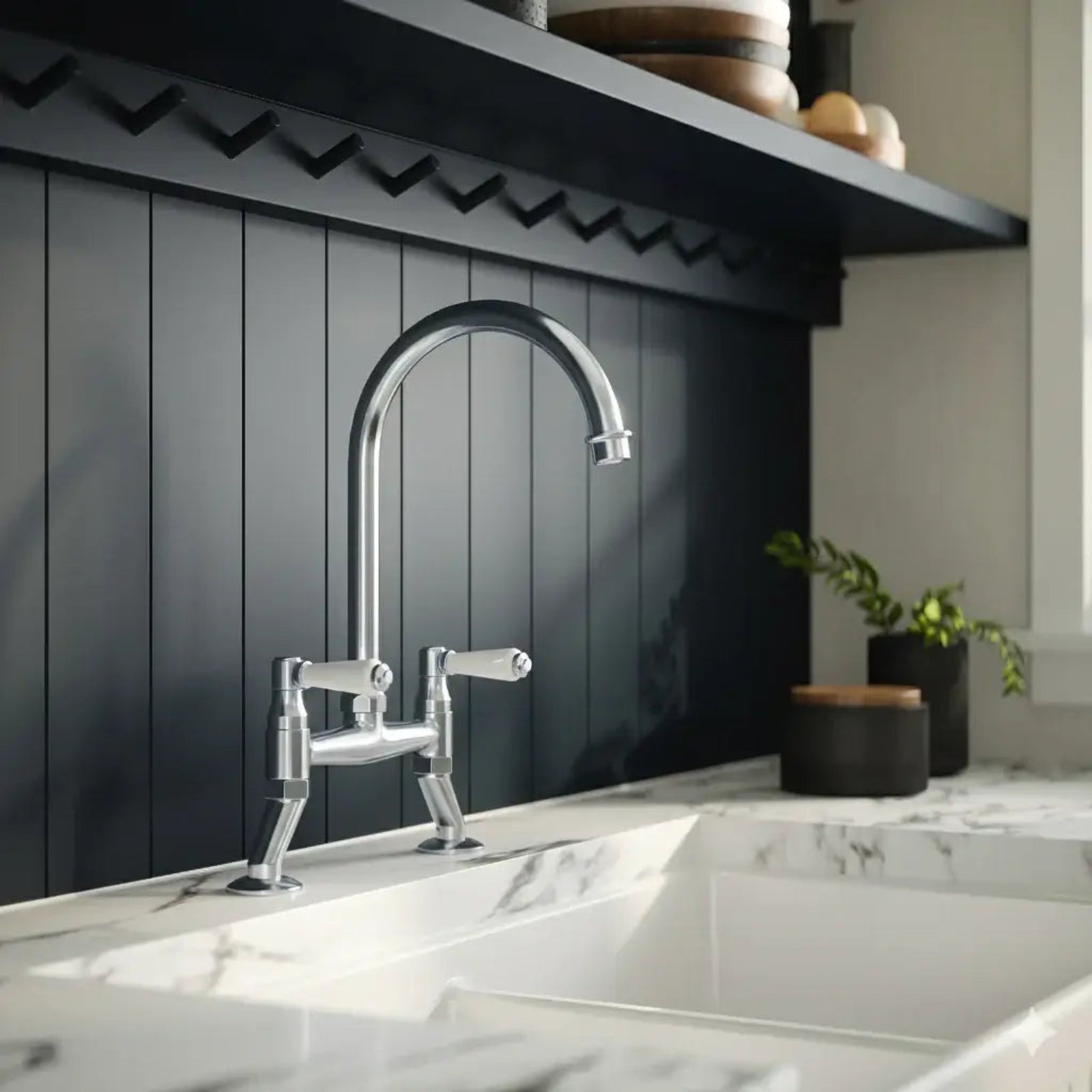 LSC Fluted Butler 595 1.0 Bowl White Ceramic Kitchen Sink with Tap, Waste & Overflow