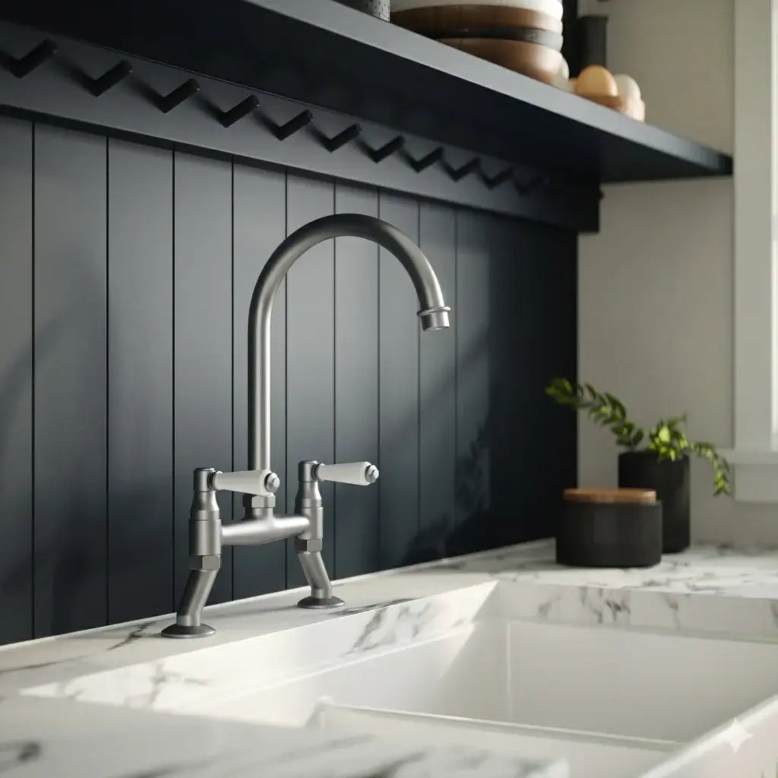LSC Fluted Butler 595 1.0 Bowl White Ceramic Kitchen Sink with Tap, Waste & Overflow