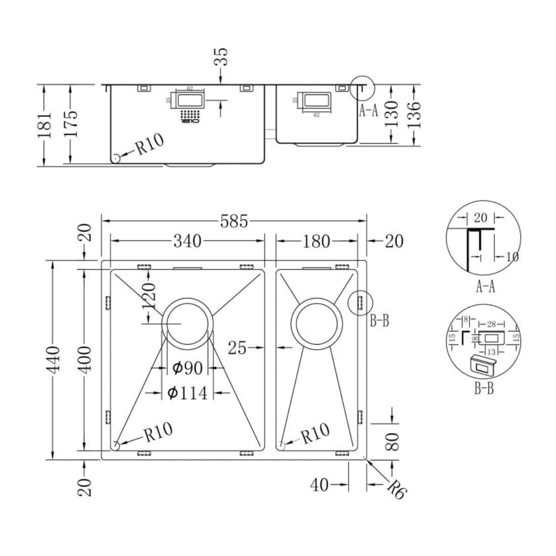 The 1810 Company Hex 1.5 Bowl Stainless Steel Undermount Kitchen Sink & Waste